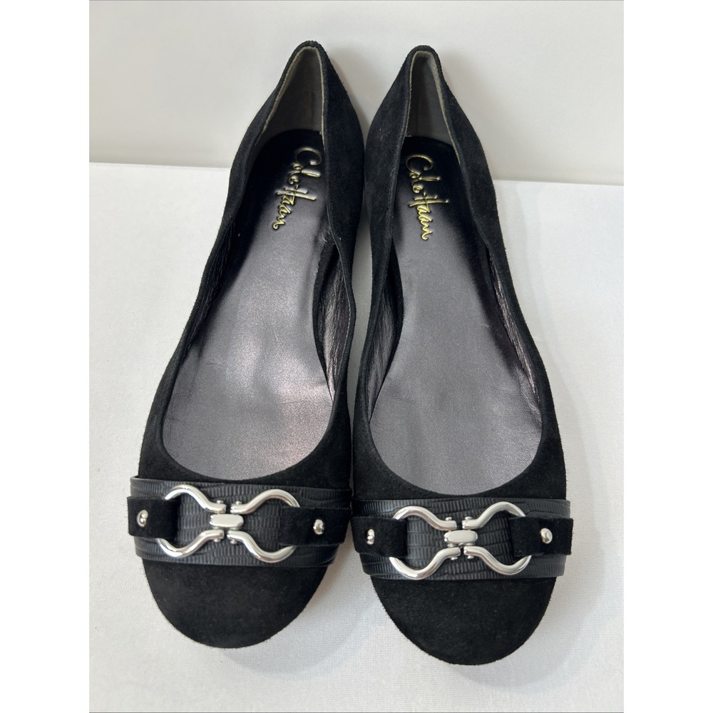 Cole Haan Black Suede Ballet Flats Embossed Strap 8.5 Silver Horsebit Preppy